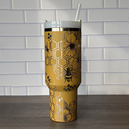 40oz Stanley Quencher Tumbler Bumble Bee Design, Spring Flowers, Laser Engraved Gift for Her, Stanley TikTok Cup Mother's Day Gift