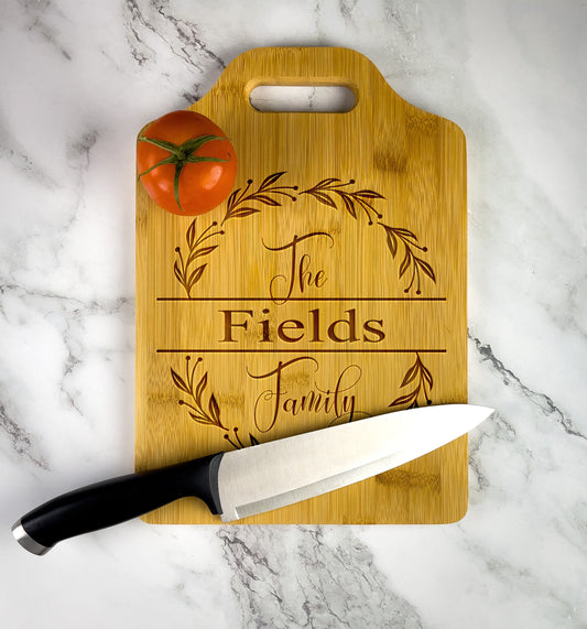 Personalized Wood Cutting Board with Handle Wedding Gift, Custom Engraved Bamboo Chopping Block, Custom Last Name Anniversary Gift