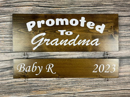 Personalized Wooden Birth Announcement: "Promoted to Grandma" Sign with Grandkids' Names and Birthdates, Gift For Grandma