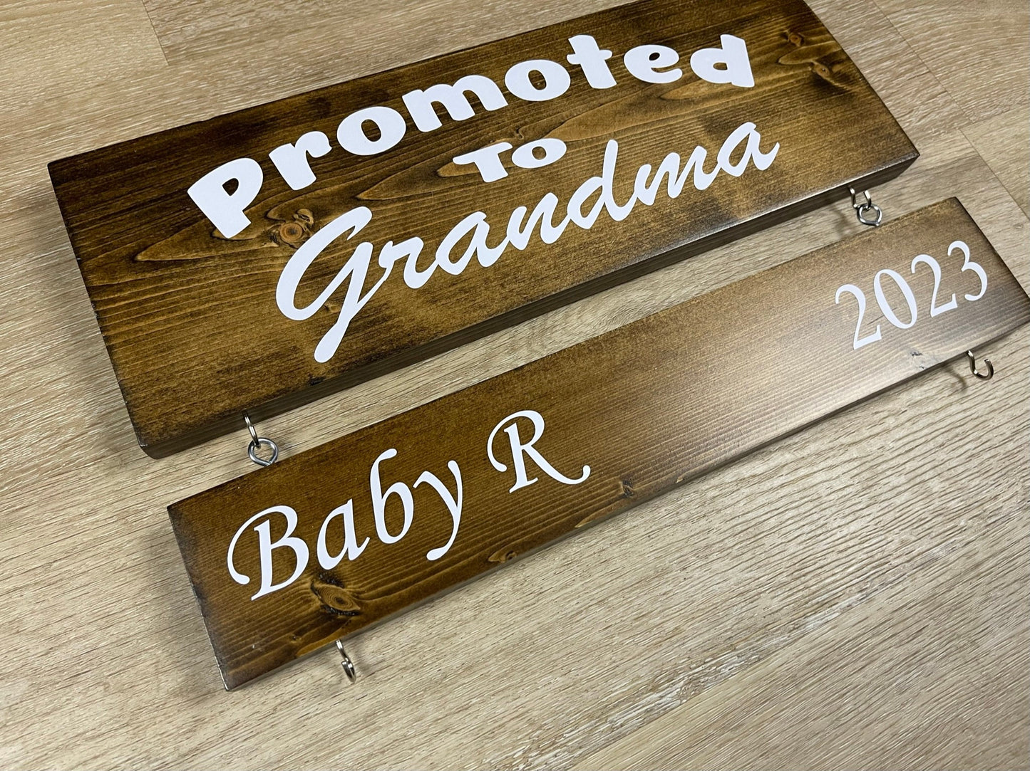 Personalized Wooden Birth Announcement: "Promoted to Grandma" Sign with Grandkids' Names and Birthdates, Gift For Grandma