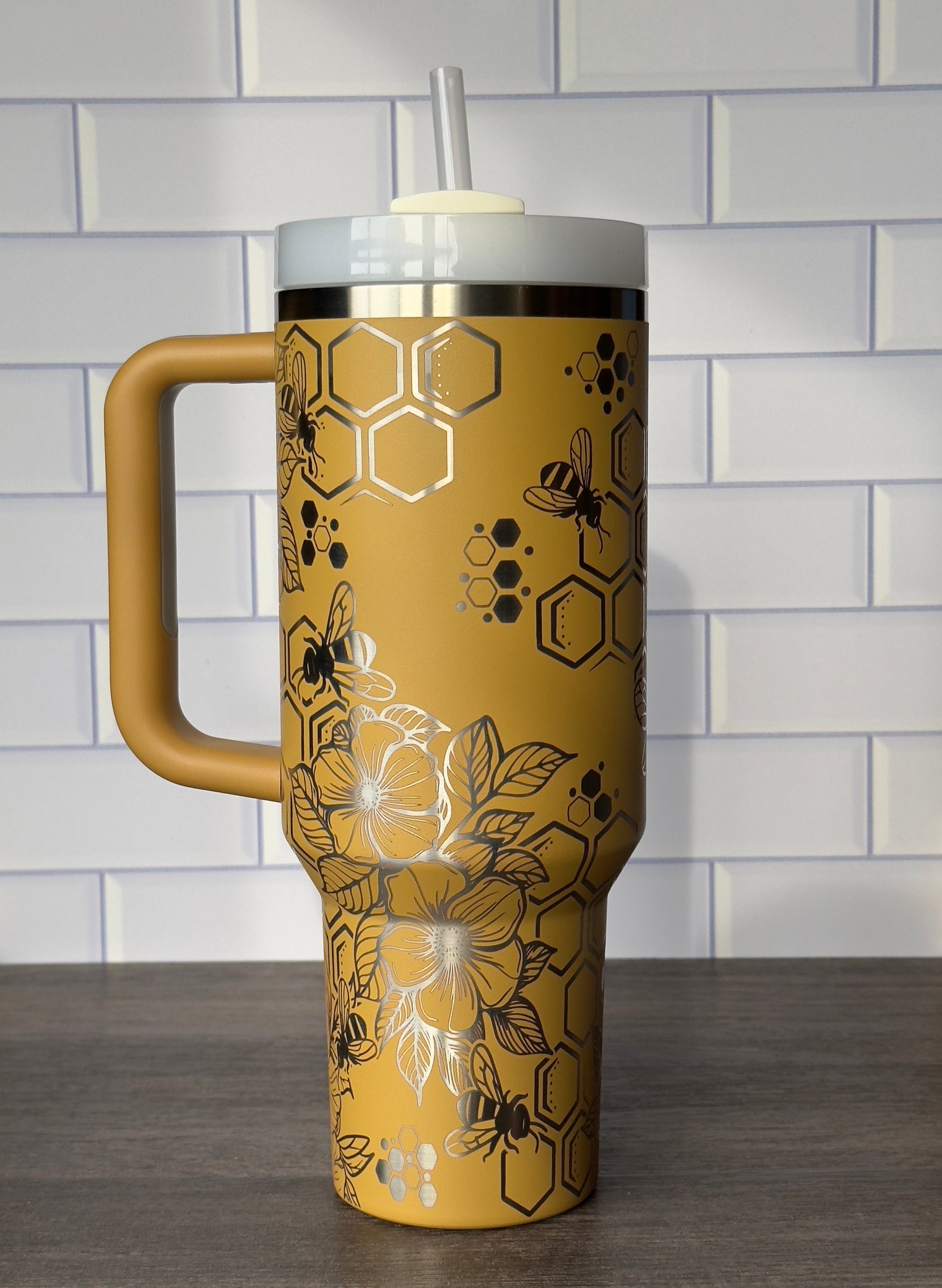 40oz Stanley Quencher Tumbler Bumble Bee Design, Spring Flowers, Laser Engraved Gift for Her, Stanley TikTok Cup Mother's Day Gift