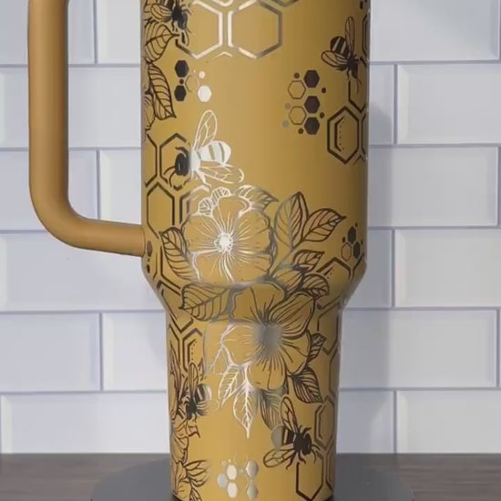 40oz Stanley Quencher Tumbler Bumble Bee Design, Spring Flowers, Laser Engraved Gift for Her, Stanley TikTok Cup Mother's Day Gift