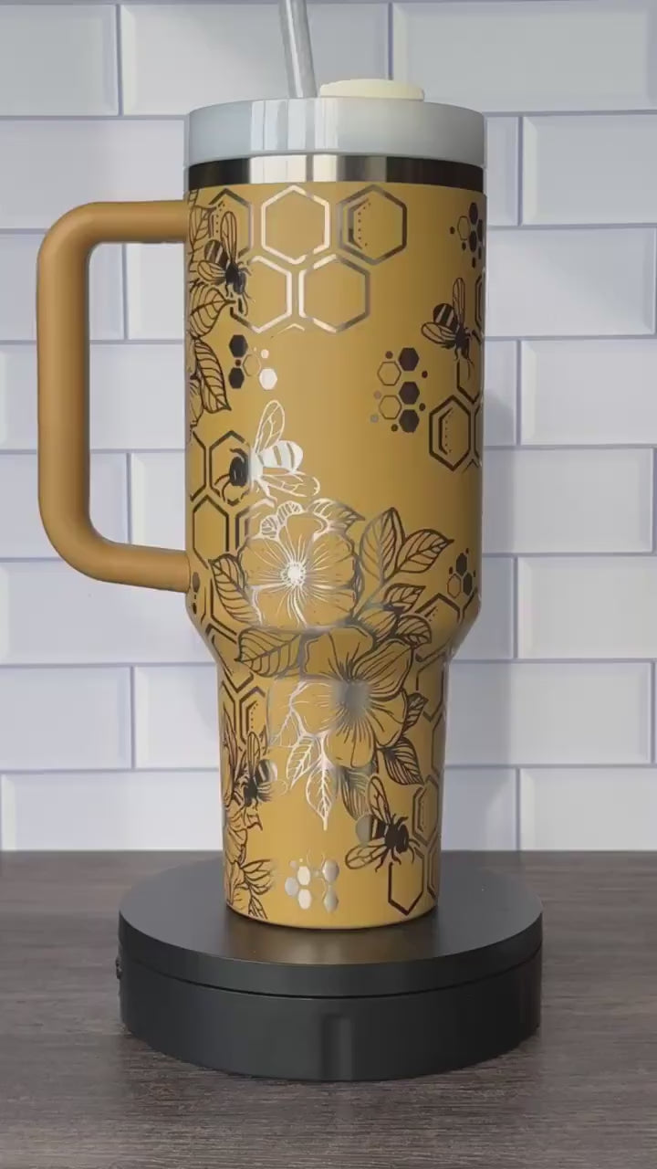 40oz Stanley Quencher Tumbler Bumble Bee Design, Spring Flowers, Laser Engraved Gift for Her, Stanley TikTok Cup Mother's Day Gift